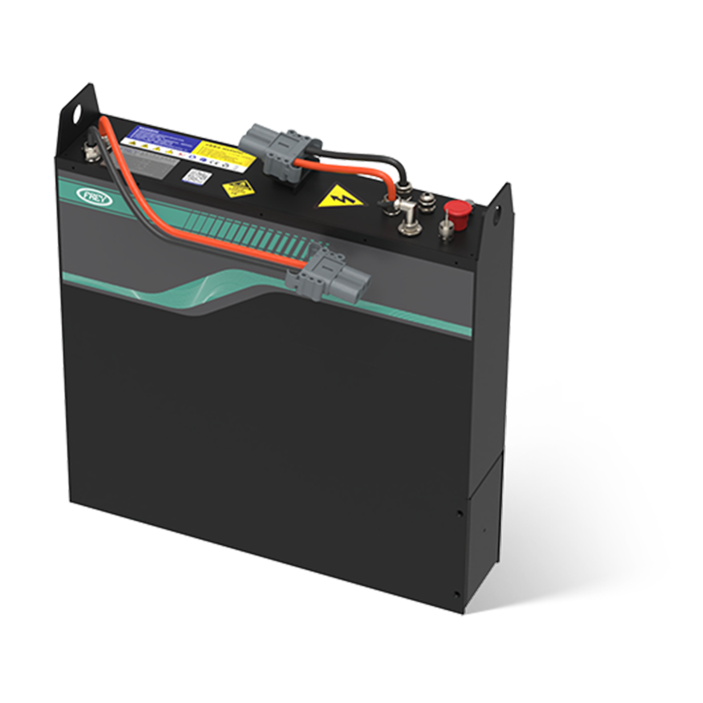Black industrial battery pack with orange cables
